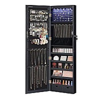 Songmics 6 Leds Mirror Jewelry Cabinet, 472 H Lockable Walldoor Mounted Jewelry Armoire Organizer With Mirror, 2 Drawers,Ablack Ujjc093B01