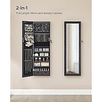 Songmics 6 Leds Mirror Jewelry Cabinet, 472 H Lockable Walldoor Mounted Jewelry Armoire Organizer With Mirror, 2 Drawers,Ablack Ujjc093B01