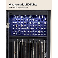 Songmics 6 Leds Mirror Jewelry Cabinet, 472 H Lockable Walldoor Mounted Jewelry Armoire Organizer With Mirror, 2 Drawers,Ablack Ujjc093B01