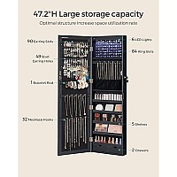 Songmics 6 Leds Mirror Jewelry Cabinet, 472 H Lockable Walldoor Mounted Jewelry Armoire Organizer With Mirror, 2 Drawers,Ablack Ujjc093B01