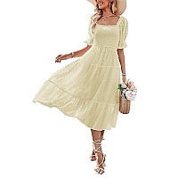 Merokeety Womens Bohemian Summer Flowy Tie Back Puff Short Sleeve Square Neck Beach Midi Dress, Beige, M