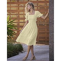 Merokeety Womens Bohemian Summer Flowy Tie Back Puff Short Sleeve Square Neck Beach Midi Dress, Beige, M