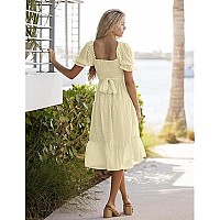 Merokeety Womens Bohemian Summer Flowy Tie Back Puff Short Sleeve Square Neck Beach Midi Dress, Beige, M