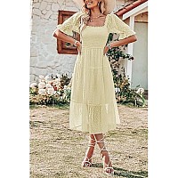 Merokeety Womens Bohemian Summer Flowy Tie Back Puff Short Sleeve Square Neck Beach Midi Dress, Beige, M