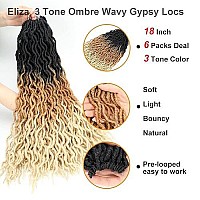 Eliza 18 Inches Wavy Gypsy Locs Ombre Soft Locs Crochet Hair 6 Packs Goddess Faux Locs Crochet Hair African Roots Synthetic Braiding Hair Extensions For Black Women(18,6 Packs, 27613)