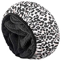 Aquior Shower Cap,Extra Large Triple Layer Bathing Cap With Dry Hair Function For Women Microfiber Terry Cloth Silky Satin 100 Waterproof Reusable Long Hair Bath Caps (Leopard)