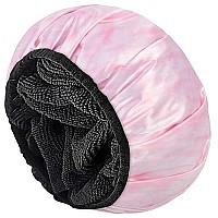 Aquior Shower Cap,Extra Large Triple Layer Bathing Cap With Dry Hair Function For Women Microfiber Terry Cloth Silky Satin 100 Waterproof Reusable Long Hair Bath Caps (Pink)