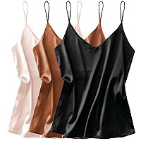 Ekouaer Womens Silk Satin Tank Top 3 Pack V Neck Camisole Spaghetti Strap Cami Top Sleeveless Blouses Tank Shirt