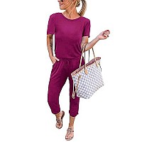 Kirundo 2023 Womens Casual Summer Jumpsuits Short Sleeve Crewneck Drawstring Elastic Waist Jumpsuit Romper With Pockets(Purple Red, Large)