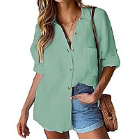 Hotouch Womens 100 Cotton Button Down Blouse Casual Long Sleeve Green Cotton Linen Shirt Green S