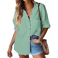 Hotouch Womens 100 Cotton Button Down Blouse Casual Long Sleeve Green Cotton Linen Shirt Green S