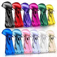 Bigeddie 12Pcs Durag Pack, Durags For Men Silky, Silk Durag For Men Women Waves, Satin Du Rag With Long Tail And Wide Straps, 12 Colors