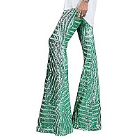 Blencot Womens Glitter Sequin Wide Leg Palazzo Sparkle Pants High Waist Bell Bottoms Night Club Flared Trousers Green L