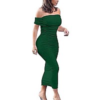 Gobles Womens Ruched Off Shoulder Short Sleeve Bodycon Midi Elegant Cocktail Party Dress Green