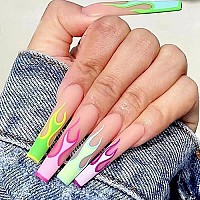 Babalal Coffin Press On Nails Long Pink Green Flame Fake Nails With Nail Glue Matte Glue On Nails 24Pcs Ballerina Acrylic Nails Full Cover False Nails For Women And Girls