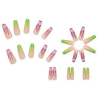 Babalal Coffin Press On Nails Long Pink Green Flame Fake Nails With Nail Glue Matte Glue On Nails 24Pcs Ballerina Acrylic Nails Full Cover False Nails For Women And Girls