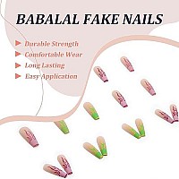 Babalal Coffin Press On Nails Long Pink Green Flame Fake Nails With Nail Glue Matte Glue On Nails 24Pcs Ballerina Acrylic Nails Full Cover False Nails For Women And Girls