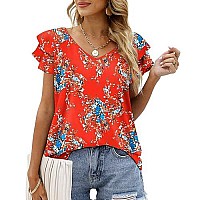 Womens Floral Tops Ruffle Sleeve Casual Summer V Neck Tees Plus Size Tshirts Red Xxl