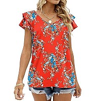 Womens Floral Tops Ruffle Sleeve Casual Summer V Neck Tees Plus Size Tshirts Red Xxl