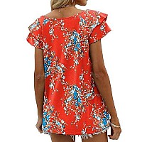 Womens Floral Tops Ruffle Sleeve Casual Summer V Neck Tees Plus Size Tshirts Red Xxl