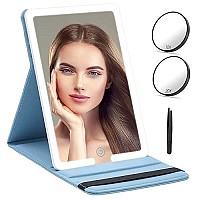 RRtide Travel Mirror with Light, Plus Detachable 3.5inch 10X & 20X Magnifying Mirror, Large Travel Makeup Mirror with 3 Adjustable Light Settings, Portable LED Lighted Makeup Mirror of 8 * 5.5inch