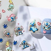 Stitch Nail Art Stickers Decals Embossed Cute Cartoon 3D Self Adhesive Nail Art Sticker Kawaii Diy Design Decoration Anime Nail Stickers For Girls Women Kids Manicure Gift Nail Charms (3 Sheets)