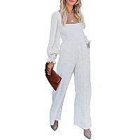 Blencot Womens Ruffle Long Sleeve High Waisted Long Wide Leg Jumpsuits Loose Fall Fashion Rompers White X-Large