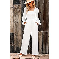 Blencot Womens Ruffle Long Sleeve High Waisted Long Wide Leg Jumpsuits Loose Fall Fashion Rompers White X-Large