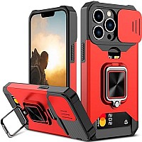 Nvollnoe For Iphone 13 Pro Case With Sliding Camera Cover And Card Holder Heavy Duty Protective Iphone 13 Pro Case With Ring Magnetic Kickstand Phone Case For Iphone 13 Pro 61 Inch(Red)