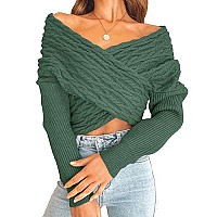 Btfbm Women Casual V Neck Long Sleeve Sweaters Cross Wrap Front Off Shoulder Asymmetric Hem Knitted Crop Solid Pullover (Twist Dark Green, Small)