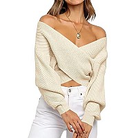 Btfbm Women Casual V Neck Long Sleeve Sweaters Cross Wrap Front Off Shoulder Asymmetric Hem Knitted Crop Solid Pullover (Twist Dark Green, Small)