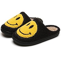 Smile Face Slippers For Womenmen, Retro Soft Plush Lightweight Smiley Face House Slippers, Indoor Outdoor Cozy Trendy Slip-On Slipper (95-105 Women9-10 Men, Black-Yellow Smile, Numeric_9_Point_5)