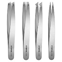 Utopia Care - Professional Stainless Steel Tweezers Set (4-Piece) - Precision Tweezers For Ingrown Hair, Facial Hair, Splinter, Blackhead And Tick Remover (Silver)