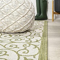 Jonathan Y Smb107H-5R Madrid Vintage Filigree Textured Weave Indoor Outdoor Area Rug, Coastal,Traditional,Transitional Easy Clean,Bedroom,Kitchen,Backyard,Patio, Non-Shed, Greencream, 5 Round