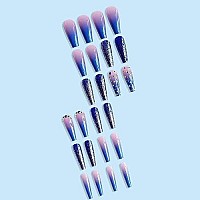 Babalal Coffin Press On Nails Long Fake Nails With Nail Glue Blue Purple Glue On Nails 24Pcs Glitter Acrylic Nails Ballerina Stick On Nails