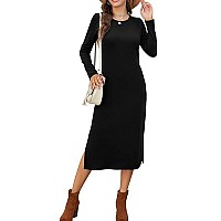 Naggoo Womens Long Sleeve Crewneck Dress Casual Plain Black Tshirt Midi Dress With Pockets Black Xxl