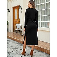 Naggoo Womens Long Sleeve Crewneck Dress Casual Plain Black Tshirt Midi Dress With Pockets Black Xxl