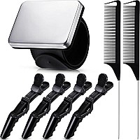 7 Pieces Hair Braiding Tools Magnetic Pin Wristband And 2 Pieces Stainless Steel Pintail Rat Tail Comb With 4 Pieces Wide Teeth Alligator Sectioning Hair Clip For Hair Braid Tool Braid Maker (Black)