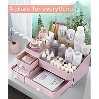 Makeup Organizer For Vanity, Large Countertop Organizer With Drawers, Cosmetics Storage For Skin Care, Brushes, Eyeshadow, Lotions, Lipstick,Nail Polishgreat For Dresser, Bathroom, Bedroom (Pink)