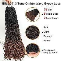 Eliza 24 Inch Long Wavy Faux Gypsy Locs Ombre Soft Locs Crochet Hair 6 Packs Goddess Locs Crochet Hair Pre-Looped African Roots Synthetic Braiding Hair Extensions For Black Women(24,6 Pack,Om3T430)