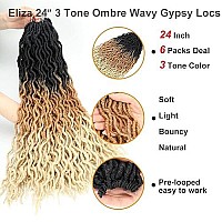 Eliza 24 Inches Long Wavy Gypsy Locs Ombre Soft Locs Crochet Hair 6 Packs Goddess Locs Crochet Hair Pre-Looped African Roots Synthetic Braiding Hair Extensions For Black Women(24,6 Pack,27613)