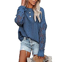 Dokotoo Womens Soft Cute Plain Lace Crochet Crew Neck Knitted Sweaters For Women Fashion 2022 Jumpers Long Sleeve Casual Winter Pullover Sweater Outerwear Blue Xs