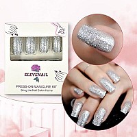 Elevenail Pretty Full Cover Silver White Bling Glitter Press On False Nails Medium Long Square Salon Diy Manicure Reusable Fake Acrylic Nail Art Tips With Jelly Adhesive Tabs Nail File