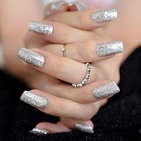 Elevenail Pretty Full Cover Silver White Bling Glitter Press On False Nails Medium Long Square Salon Diy Manicure Reusable Fake Acrylic Nail Art Tips With Jelly Adhesive Tabs Nail File