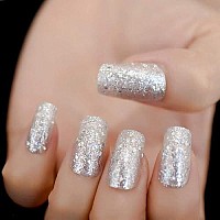 Elevenail Pretty Full Cover Silver White Bling Glitter Press On False Nails Medium Long Square Salon Diy Manicure Reusable Fake Acrylic Nail Art Tips With Jelly Adhesive Tabs Nail File