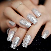 Elevenail Pretty Full Cover Silver White Bling Glitter Press On False Nails Medium Long Square Salon Diy Manicure Reusable Fake Acrylic Nail Art Tips With Jelly Adhesive Tabs Nail File