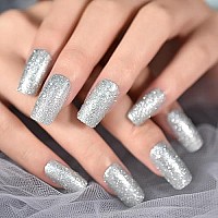 Elevenail Pretty Full Cover Silver White Bling Glitter Press On False Nails Medium Long Square Salon Diy Manicure Reusable Fake Acrylic Nail Art Tips With Jelly Adhesive Tabs Nail File