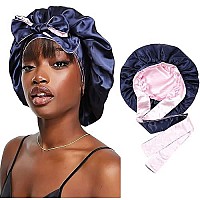 Satin Bonnet Silk Sleep Cap Hair Bonnets For Black Women Stretchy Tie Band Hair Cap For Curly Hair Silk Hair Wrap(Navy Blue Pink)