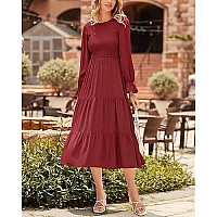 Btfbm Women Casual Long Sleeve Crew Neck Fall Dress Bohemian Relaxed Fit Floral Flowy Maxi Dresses Tiered Cocktail Dress(Solid Red,Xx-Large)