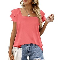 Womens Spring Tops Pink Ruffle Short Sleeve Square Neck T Shirts For Women Cute L